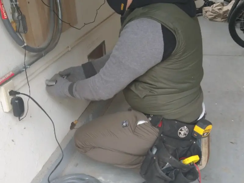 Electrician performing outlet wiring in a Lake Dallas garage